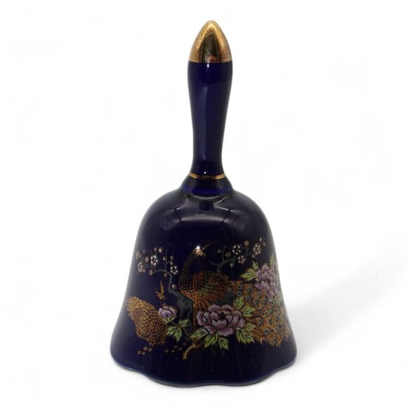 Vintage Cobalt Blue Porcelain Bell W/ Gold Trim & Peacock Design Japan #154 - Picture 1 of 5